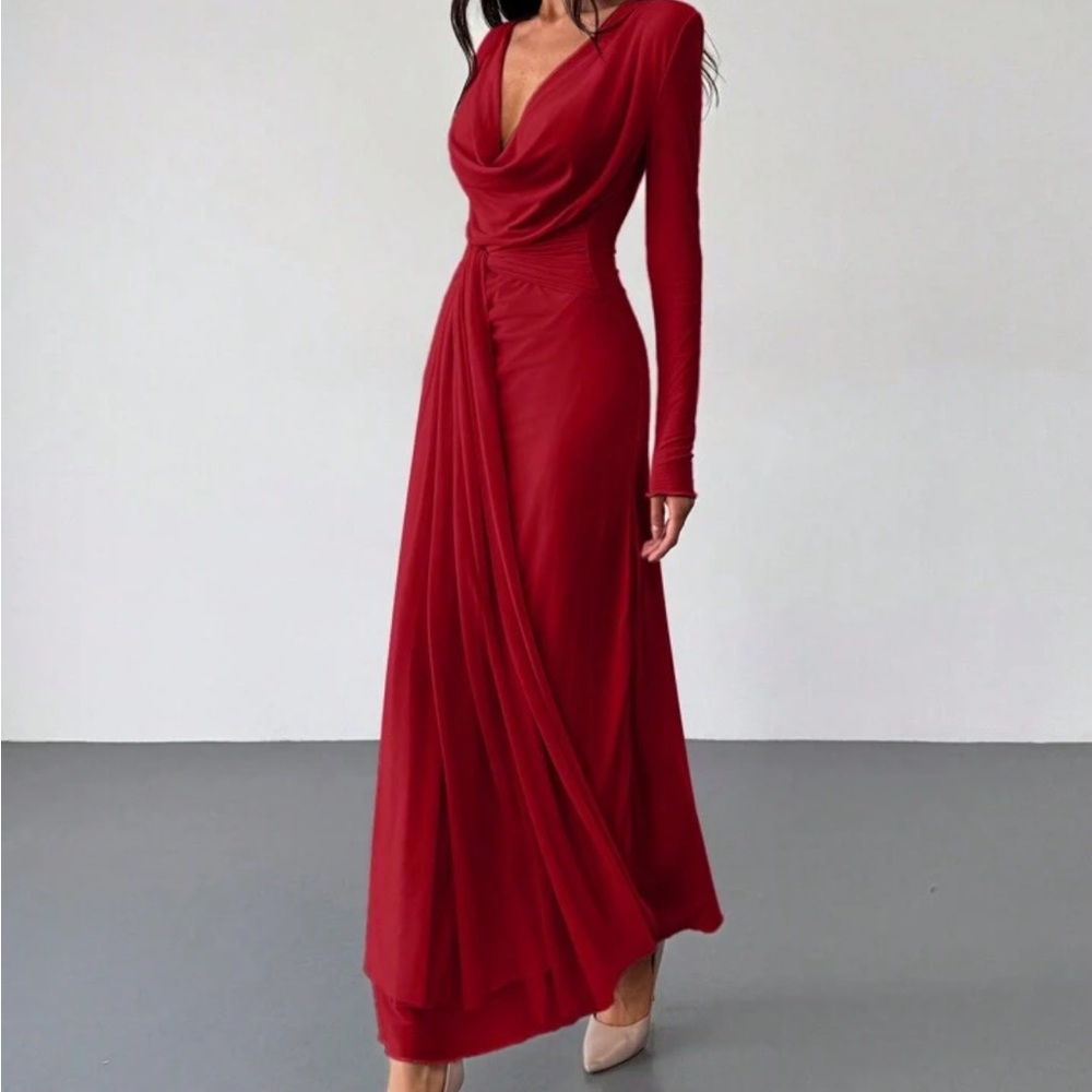 Red Romantic Draped Neck Maxi Dress - Brand New!
